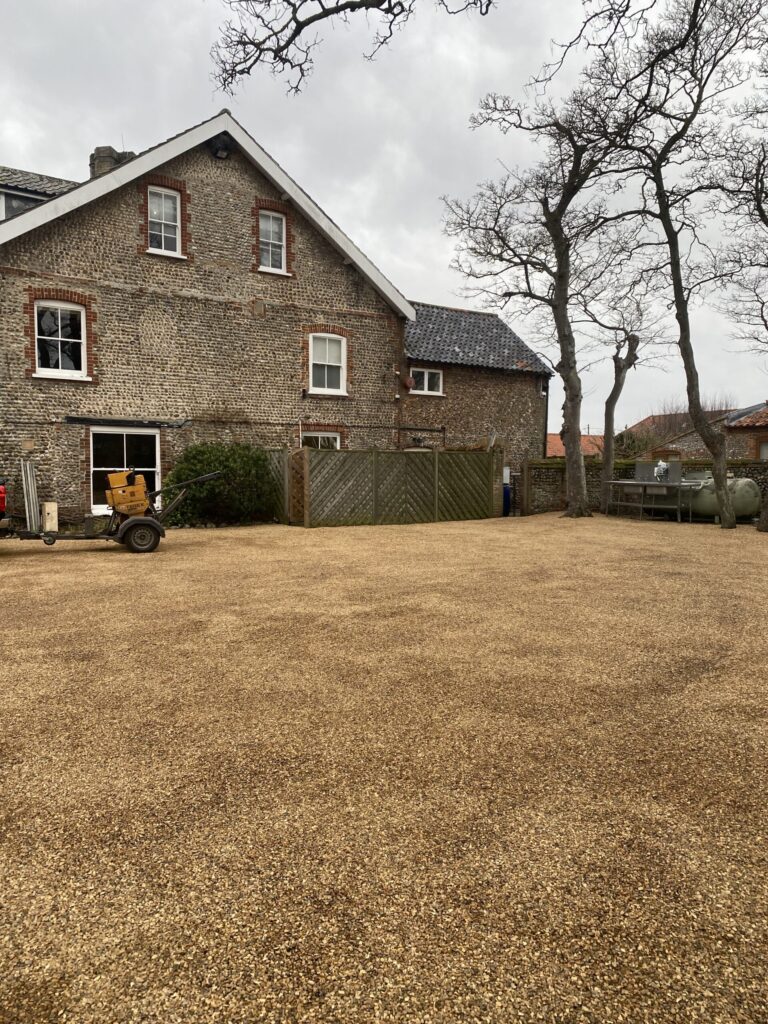 Morston Hall hotel in north norfolk with a new tar and chip car park, coated with 10mm natural golden gravel chippings from norfolk